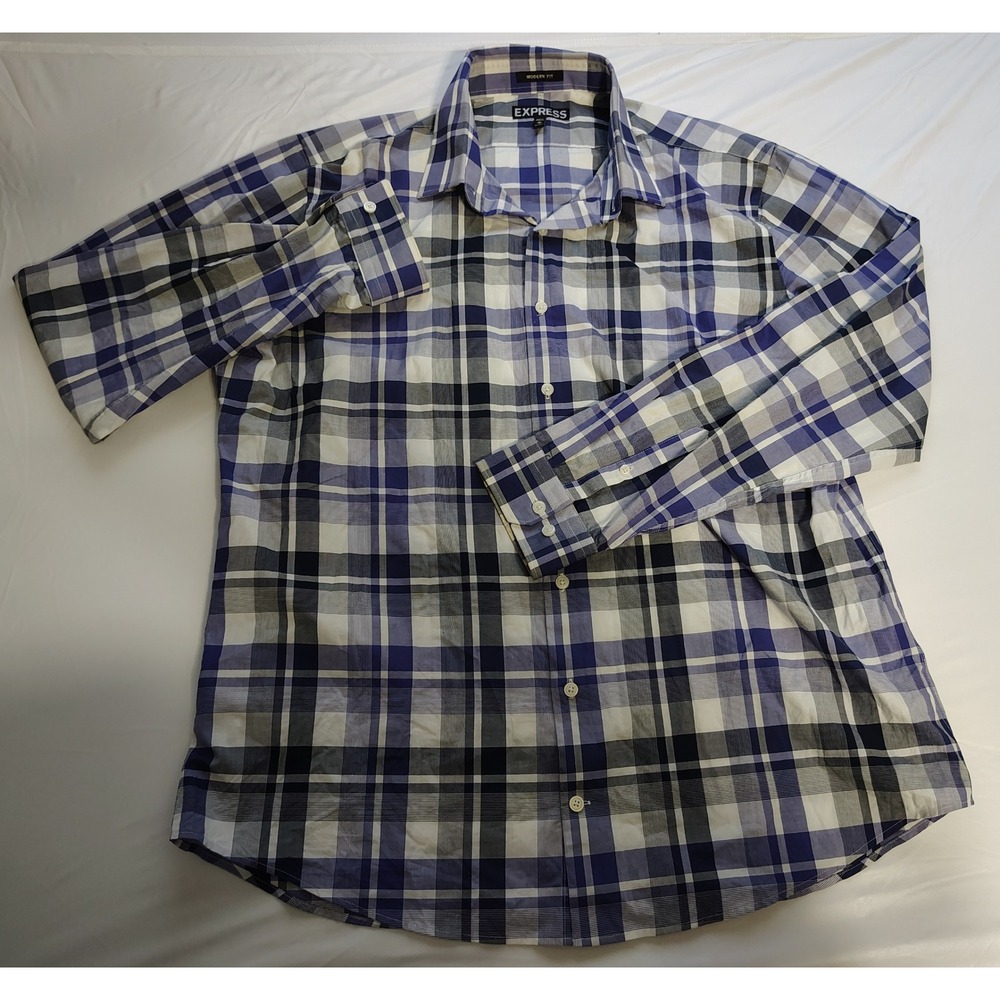 Express Mens XL Modern Fit Plaid Button Down Shirt Blue White Long Sleeve Cotton